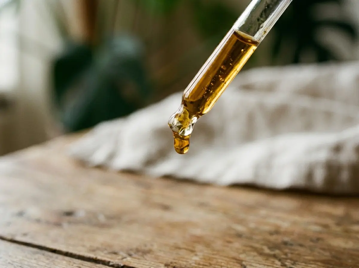 CBD olie druppels close-up - niet psychoactief hennepextract
