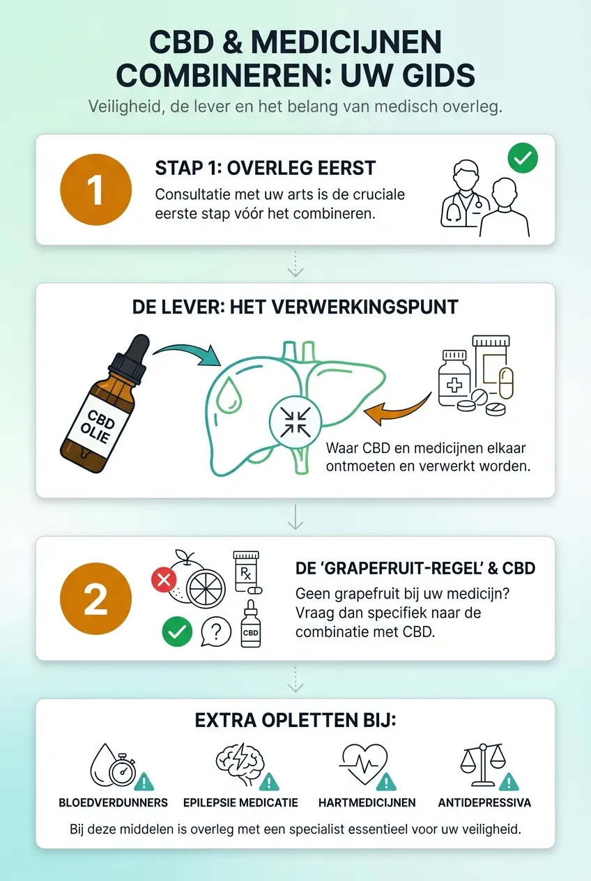 Infographic over CBD en medicijnen: lever, grapefruit-regel en wanneer overleggen met je arts