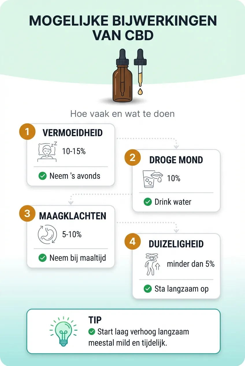 Infographic over mogelijke bijwerkingen van CBD: hoe vaak ze voorkomen en wat te doen