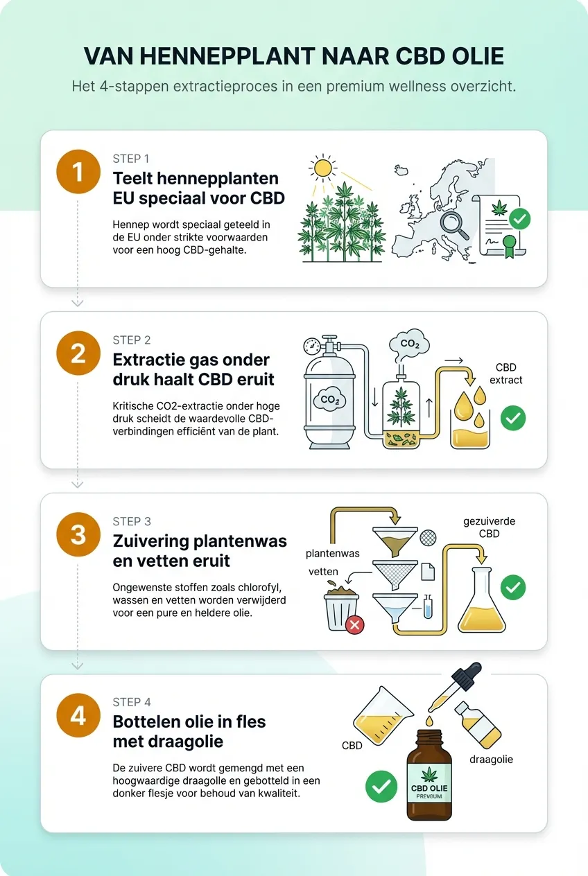 Infographic die in 4 stappen toont hoe CBD olie wordt gemaakt: van teelt via CO2-extractie en zuivering tot bottelen